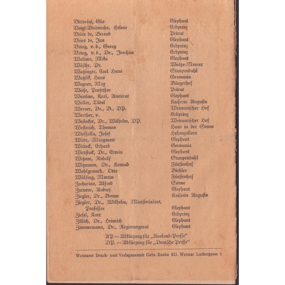 1942 Deutsches Dichtertreffen Weimar Namen und Wohnungs Anschriften Directory - Picture 2 of 3